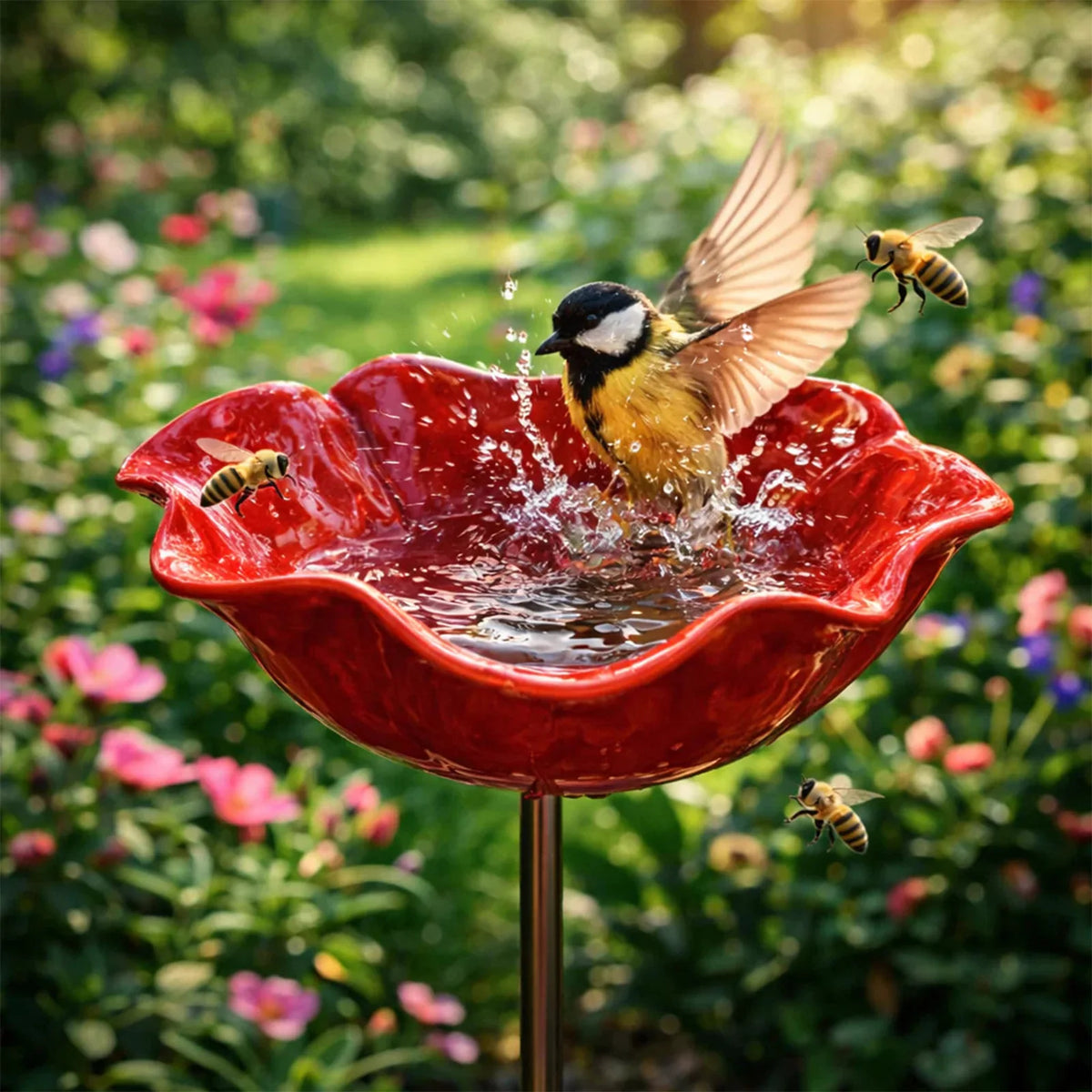 Flower Shaped Bee Watering Station Metal Flower Garden Stake Bird Bath Butterfly Water Feeder Garden Bird Bath Bowls for Outside