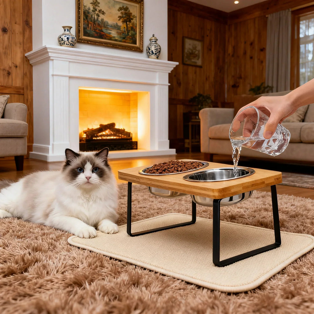 Tilted Stainless Steel Cat Bowls with Wooden Stand
