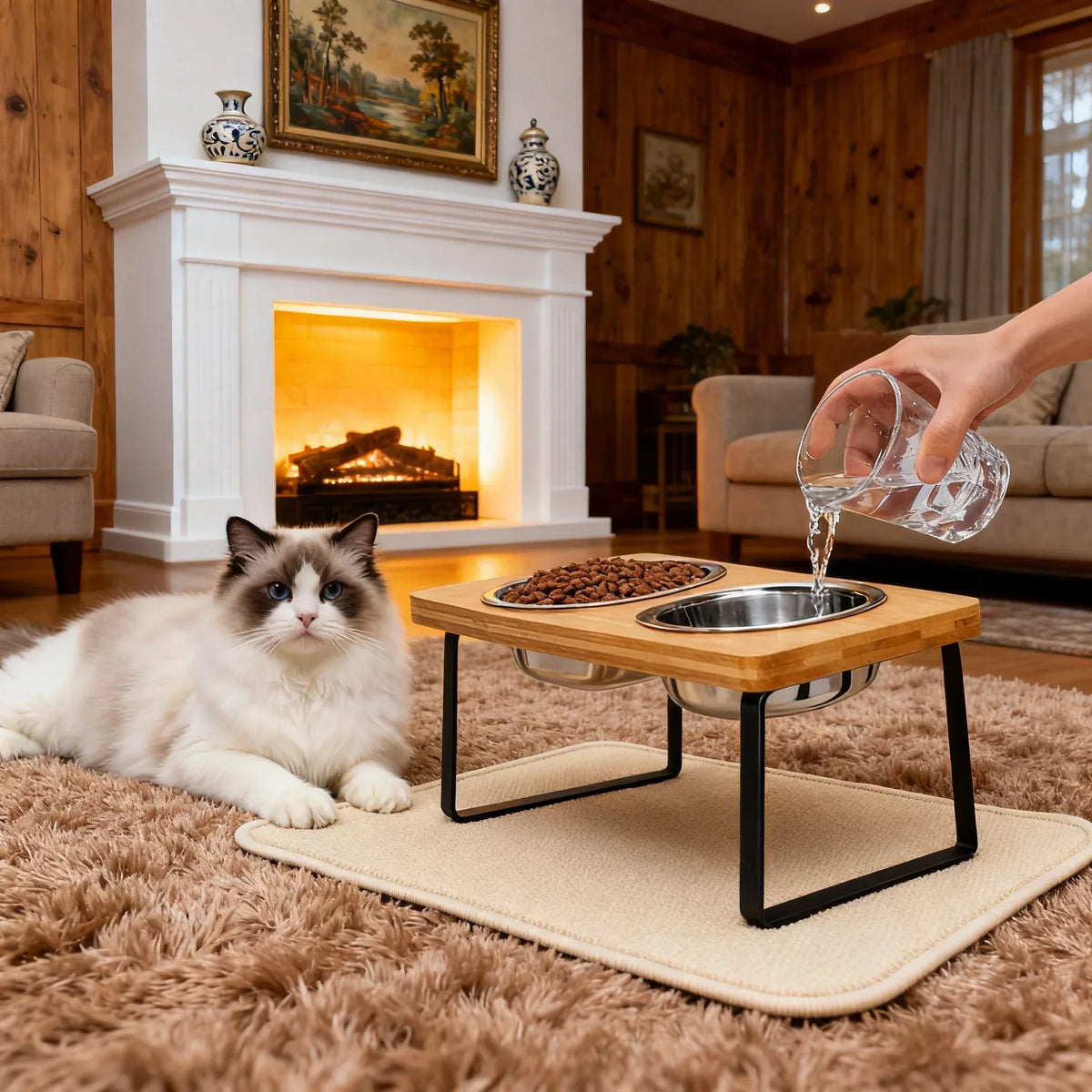 Tilted Stainless Steel Cat Bowls with Wooden Stand