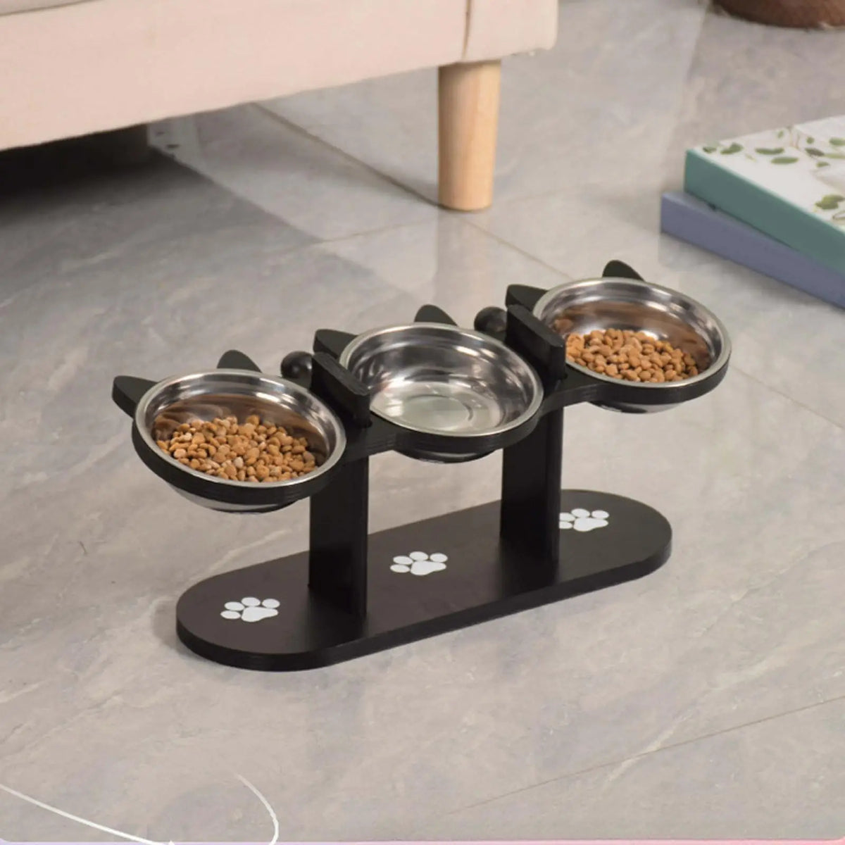 Elevated Cat Bowl with Black Wood Frame & Stainless Steel