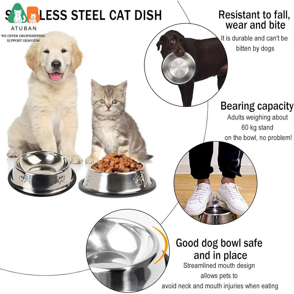 Stainless Steel Dog Cat Bowls - Non-Slip Feeder Set