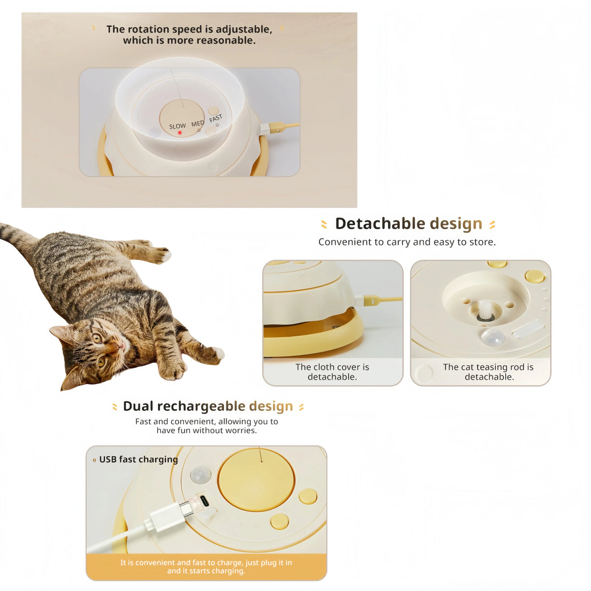 USB Rechargeable Cat Teaser Toy with Rotating Feathers