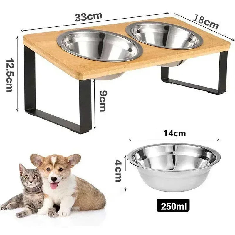 Tilted Stainless Steel Cat Bowls with Wooden Stand