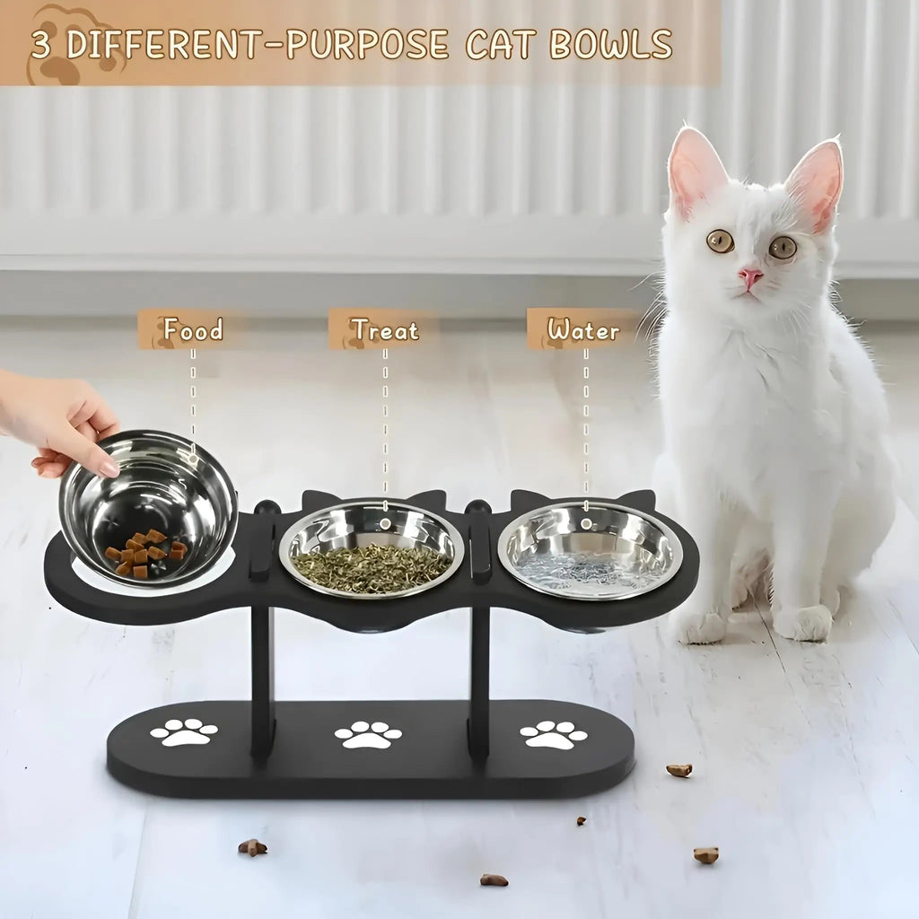 Elevated Cat Bowl with Black Wood Frame & Stainless Steel
