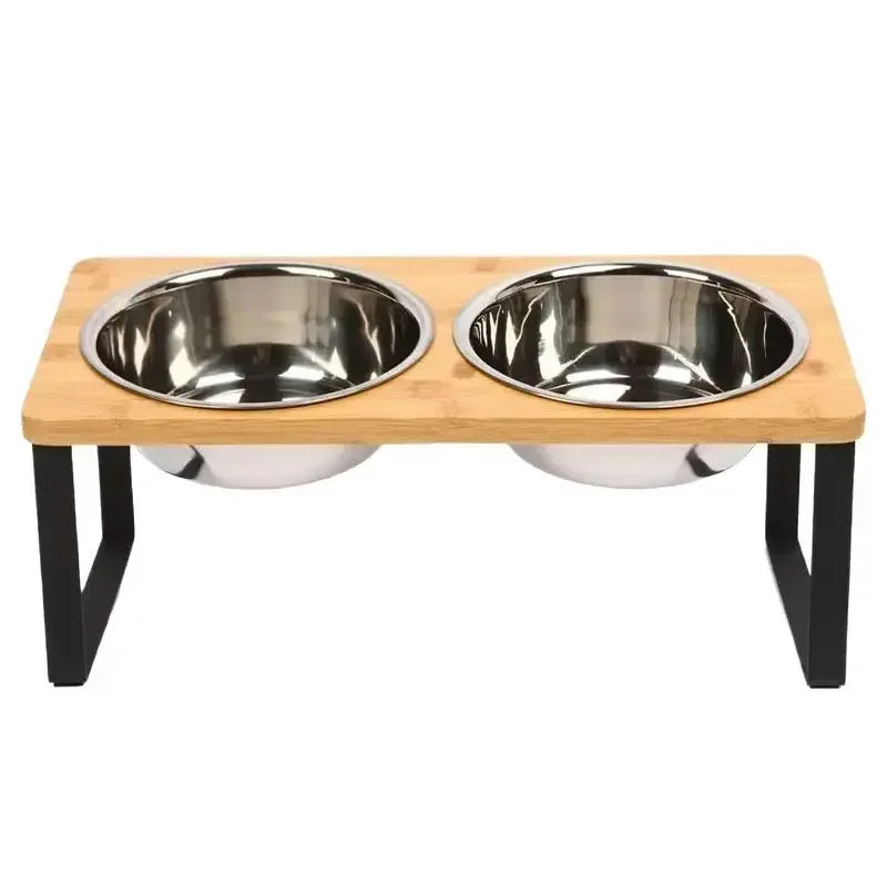 Tilted Stainless Steel Cat Bowls with Wooden Stand