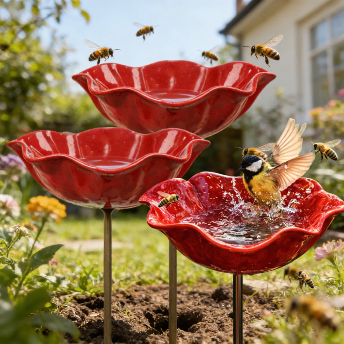 Flower Shaped Bee Watering Station Metal Flower Garden Stake Bird Bath Butterfly Water Feeder Garden Bird Bath Bowls for Outside