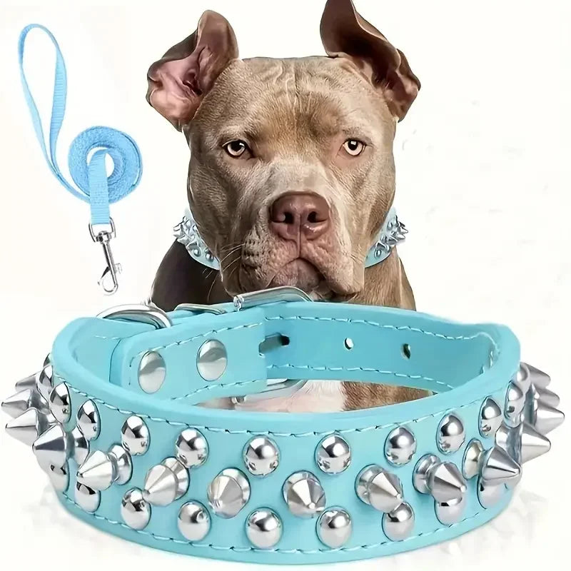 Leather Spiked Dog Collar and Leash Set for Walking