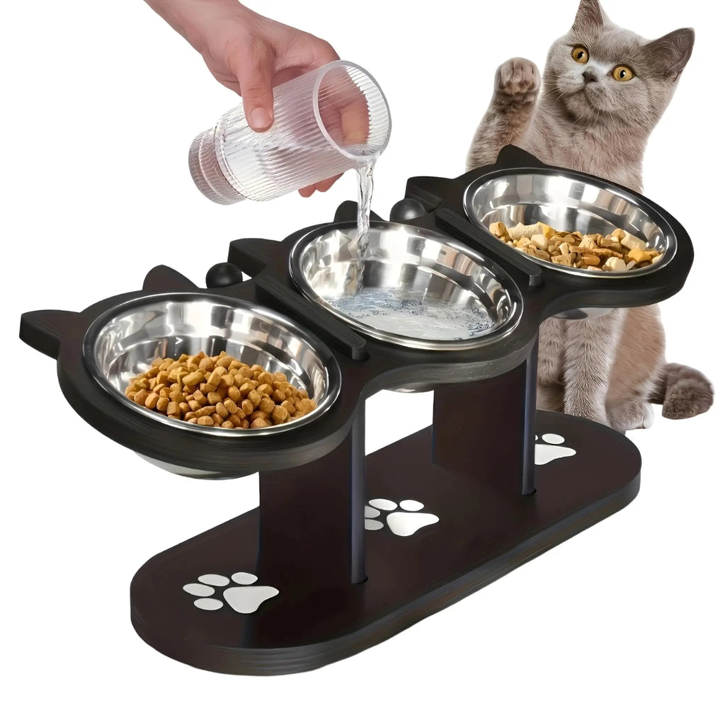 Elevated Cat Bowl with Black Wood Frame & Stainless Steel