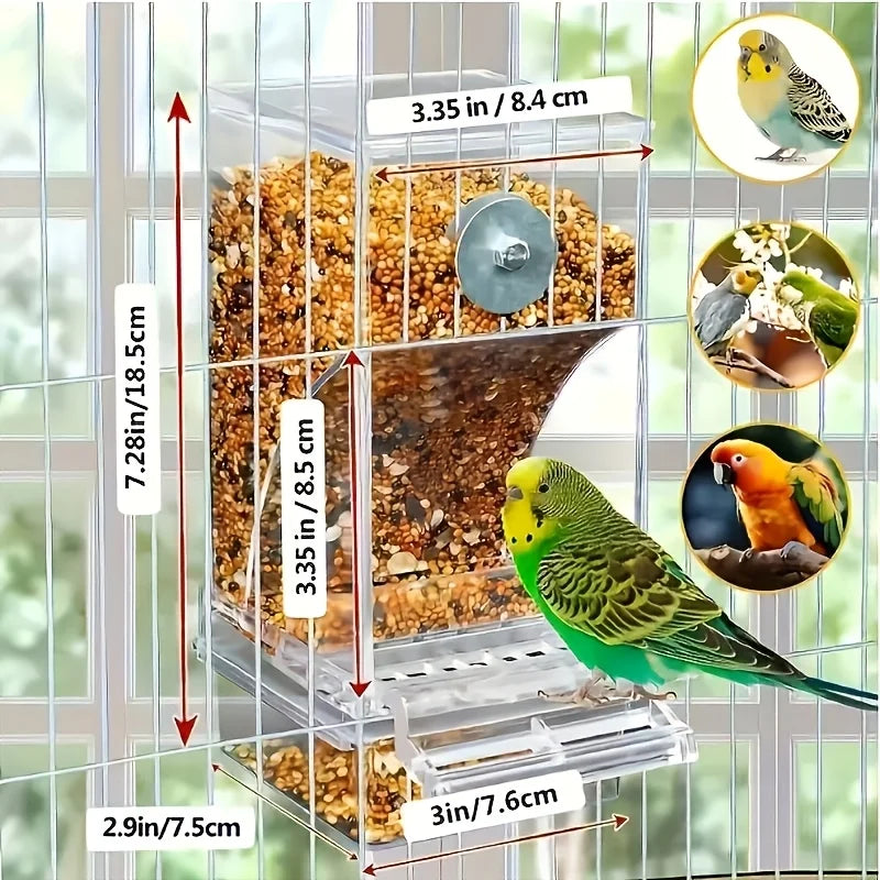 Transparent Acrylic Bird Feeder, Spill-Proof Seed Dispenser for All Birds, Battery-Free, Easy-Clean Outdoor