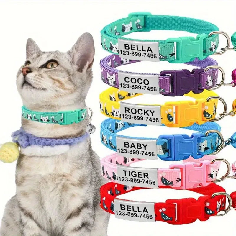 Personalized Nylon Cat Collar with Bell and Engraved Tag