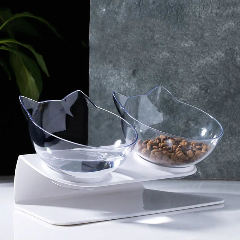 Transparent Tilted Cat Bowl - Splash-Proof Plastic Design