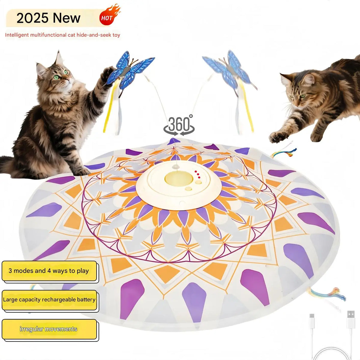 USB Rechargeable Cat Teaser Toy with Rotating Feathers