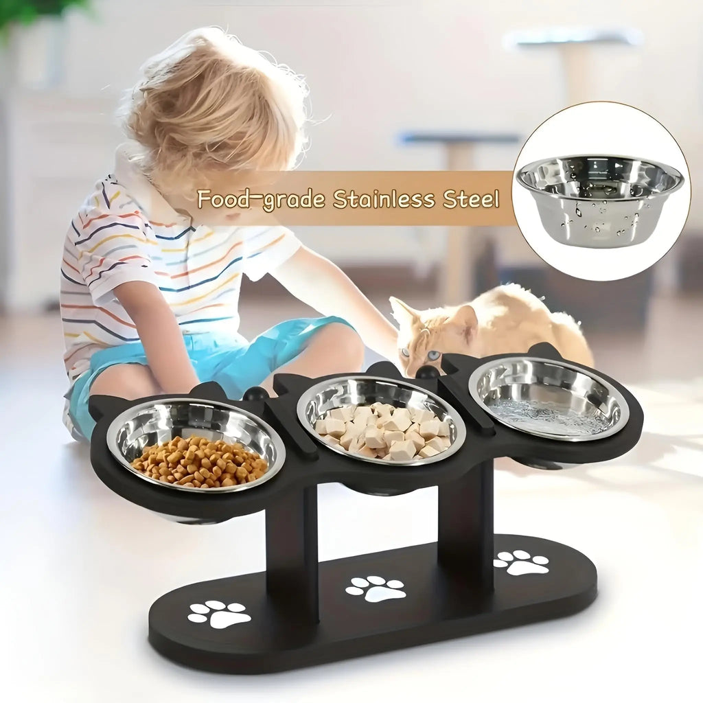 Elevated Cat Bowl with Black Wood Frame & Stainless Steel