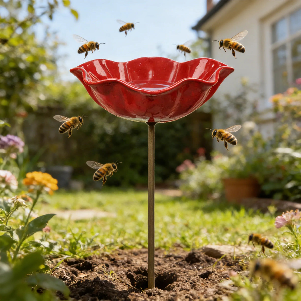 Flower Shaped Bee Watering Station Metal Flower Garden Stake Bird Bath Butterfly Water Feeder Garden Bird Bath Bowls for Outside