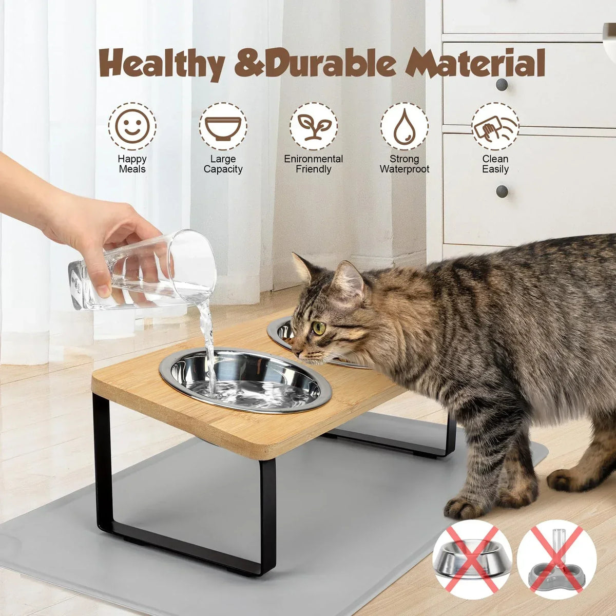 Tilted Stainless Steel Cat Bowls with Wooden Stand