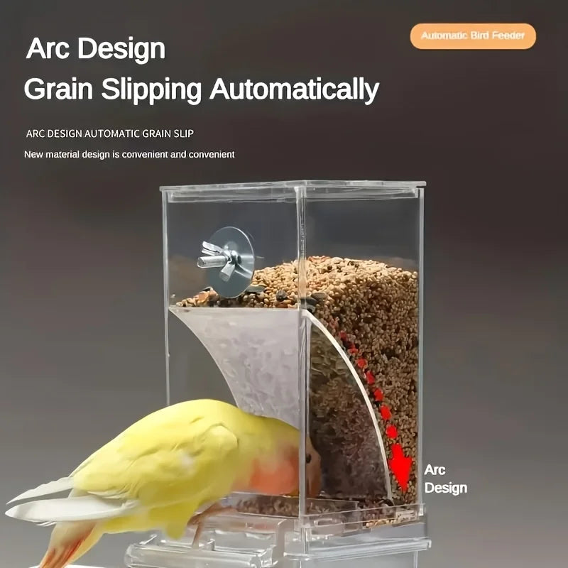 Transparent Acrylic Bird Feeder, Spill-Proof Seed Dispenser for All Birds, Battery-Free, Easy-Clean Outdoor