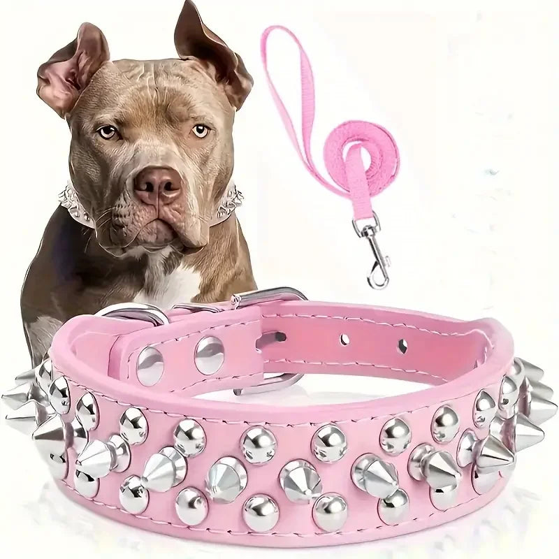 Leather Spiked Dog Collar and Leash Set for Walking