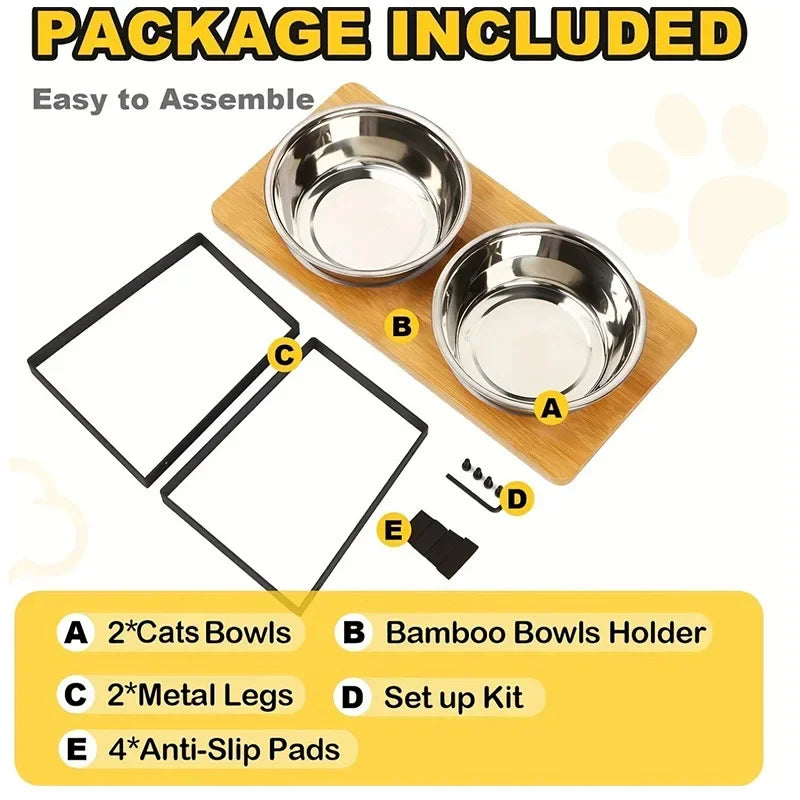 Tilted Stainless Steel Cat Bowls with Wooden Stand