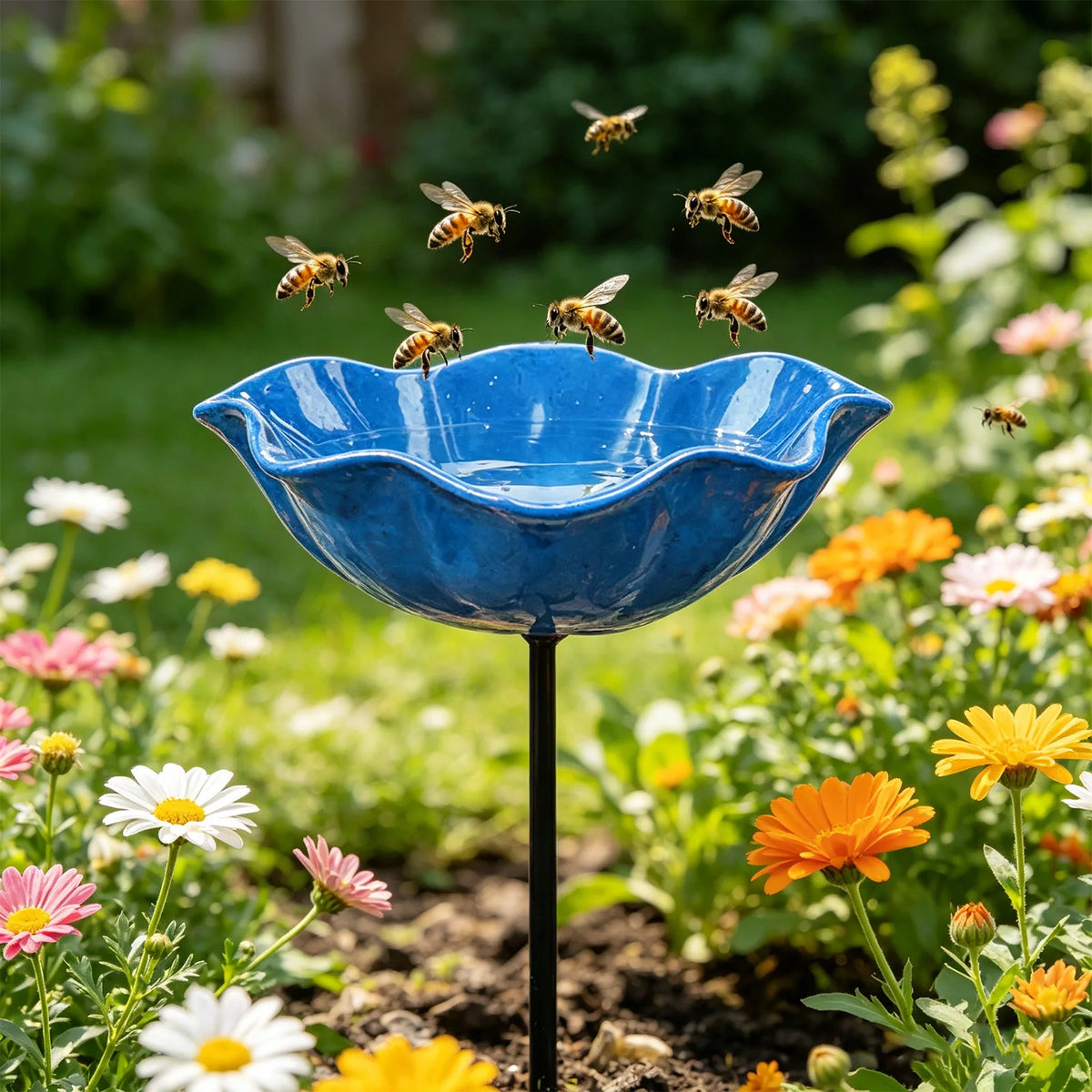 Flower Shaped Bee Watering Station Metal Flower Garden Stake Bird Bath Butterfly Water Feeder Garden Bird Bath Bowls for Outside