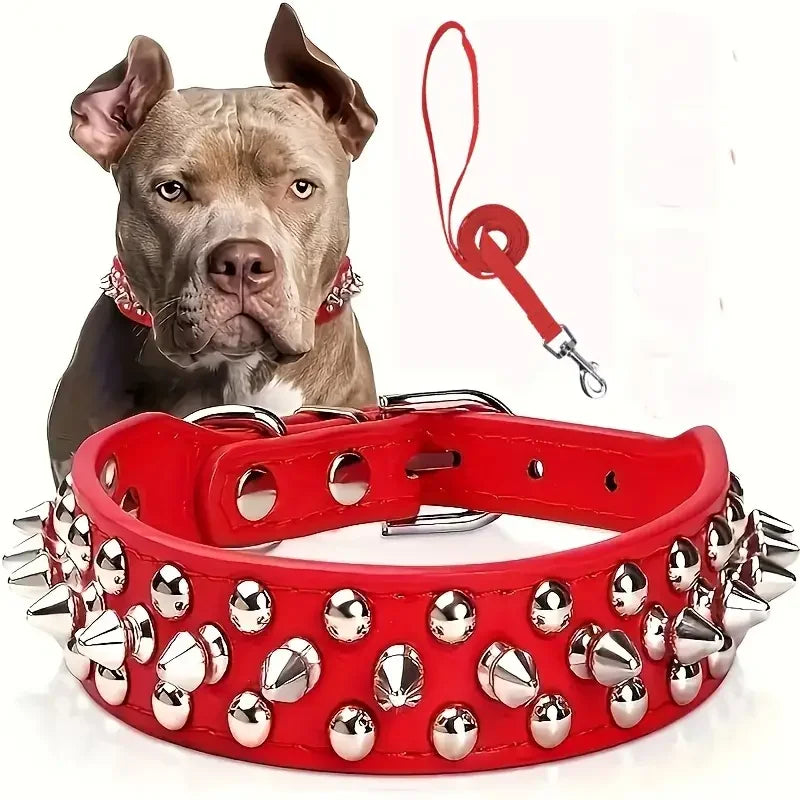 Leather Spiked Dog Collar and Leash Set for Walking