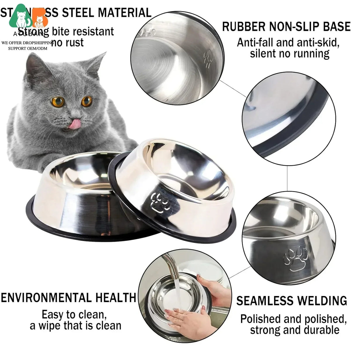 Stainless Steel Dog Cat Bowls - Non-Slip Feeder Set