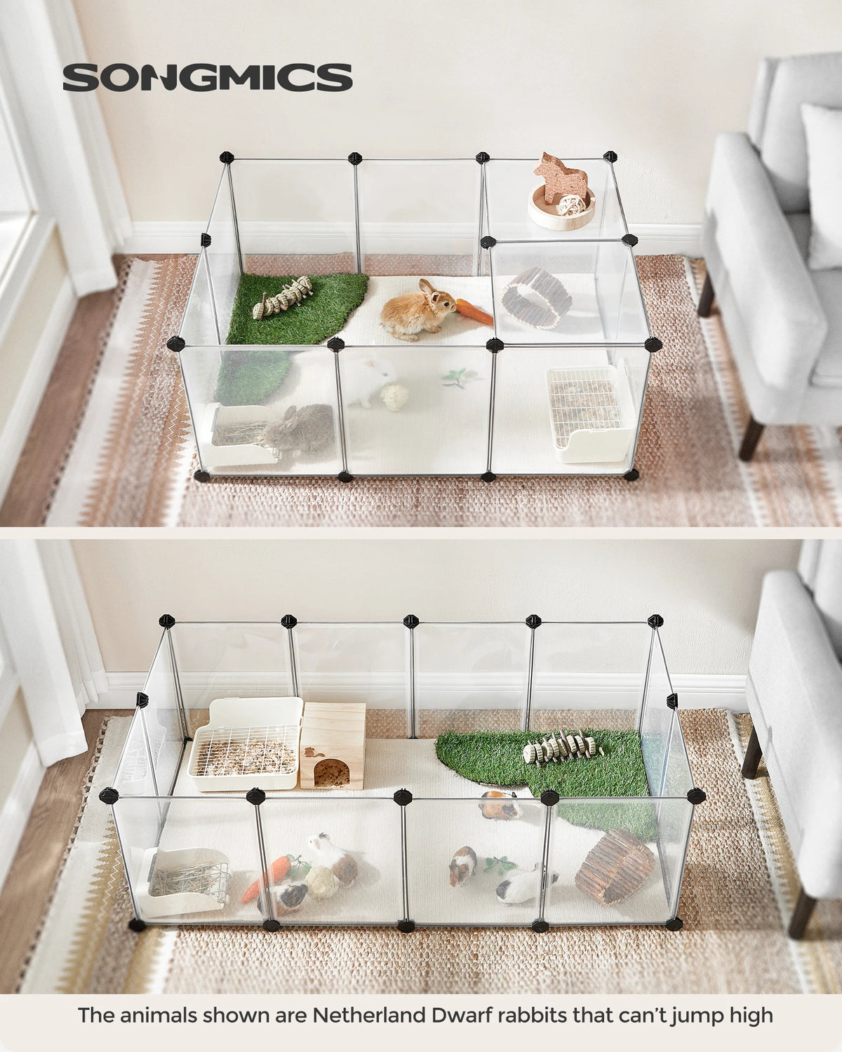 SONGMICS 20 Panels Pet Playpen with Floor, Small Animal Playpen, Pet Fence Indoor, DIY Plastic Enclosure for Guinea Pigs, Bunny,